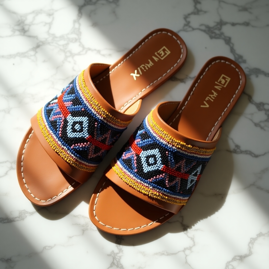 Flux_Dev_Topdown_flat_lay_of_handbeaded_Nigerian_leather_slide_3 Arewa beaded Slide - Image 1