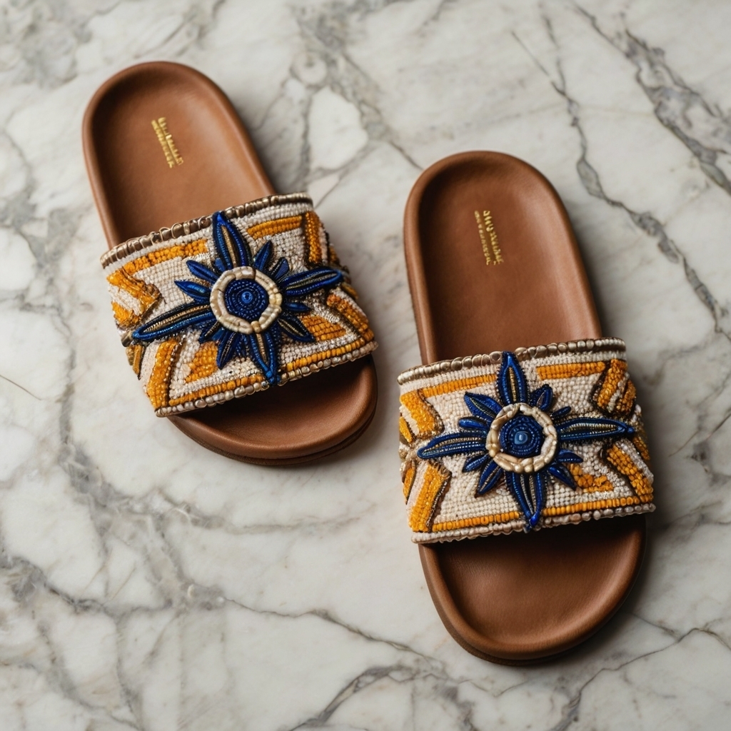 Leonardo_Kino_Xl_Topdown_Flat_Lay_Of_Handbeaded_Nigerian_Leath_3 Flat Leather slide - Image 1