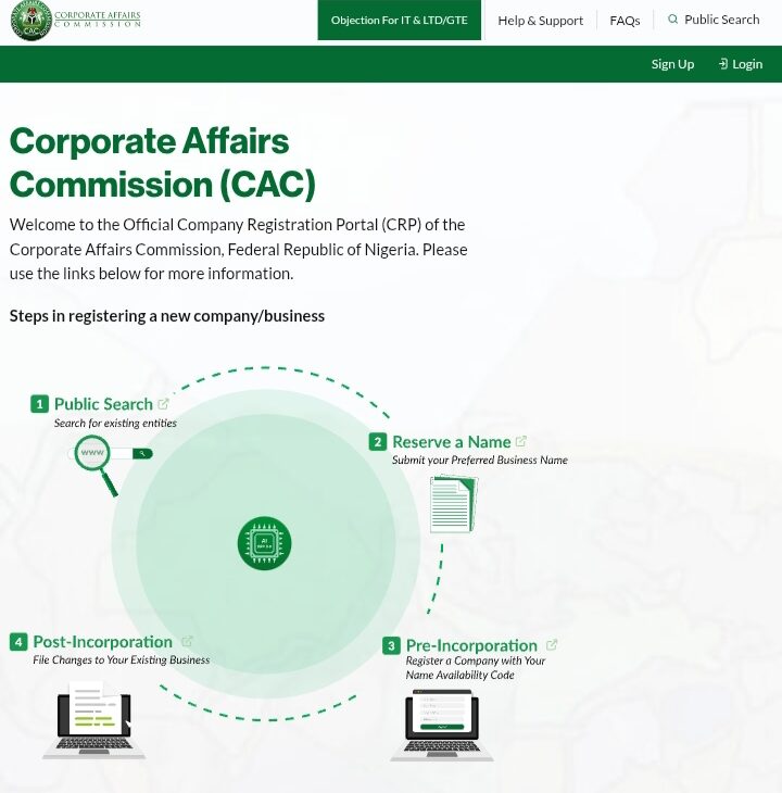 Screenshot of CAC portal on how to register a business name in Nigeria