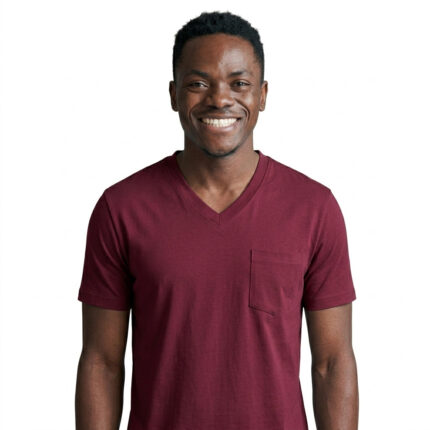 Mens-Wine-V-Neck-T-Shirt-with-Chest-Pocket-front-view