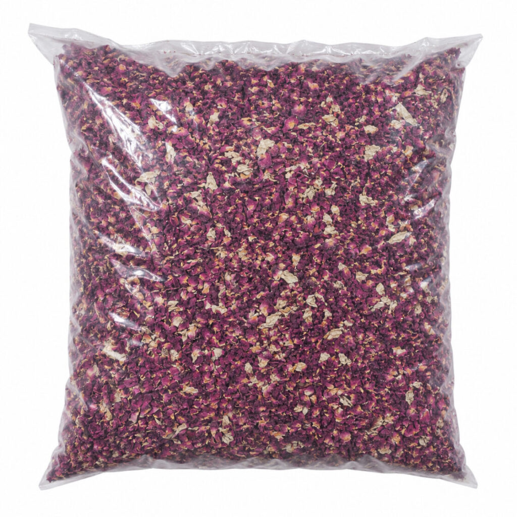 Premium Rose Petex (Dried Rose Petals) in a sealed package, ideal for herbal tea, desserts, baking, skincare, and natural wellness.