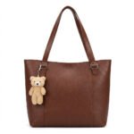 Classic Brown Tote Bag with Teddy Bear charm - Image 2